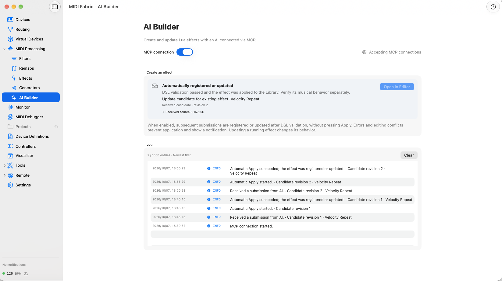 The AI Builder screen. The log shows the submission from the AI and a successful automatic registration twice: the first version at 18:45:15 and the follow-up update at 18:55:29