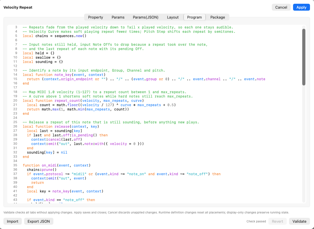 The Program tab of the effect editor, showing the first part of the Lua the AI wrote, including repeat_count, with "Check passed" below