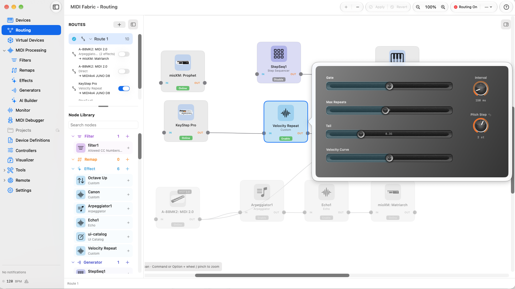 Velocity Repeat selected on the routing canvas with its control panel open: Gate, Max Repeats, Tail and Velocity Curve sliders, and Interval (150 ms) and Pitch Step (+2) knobs