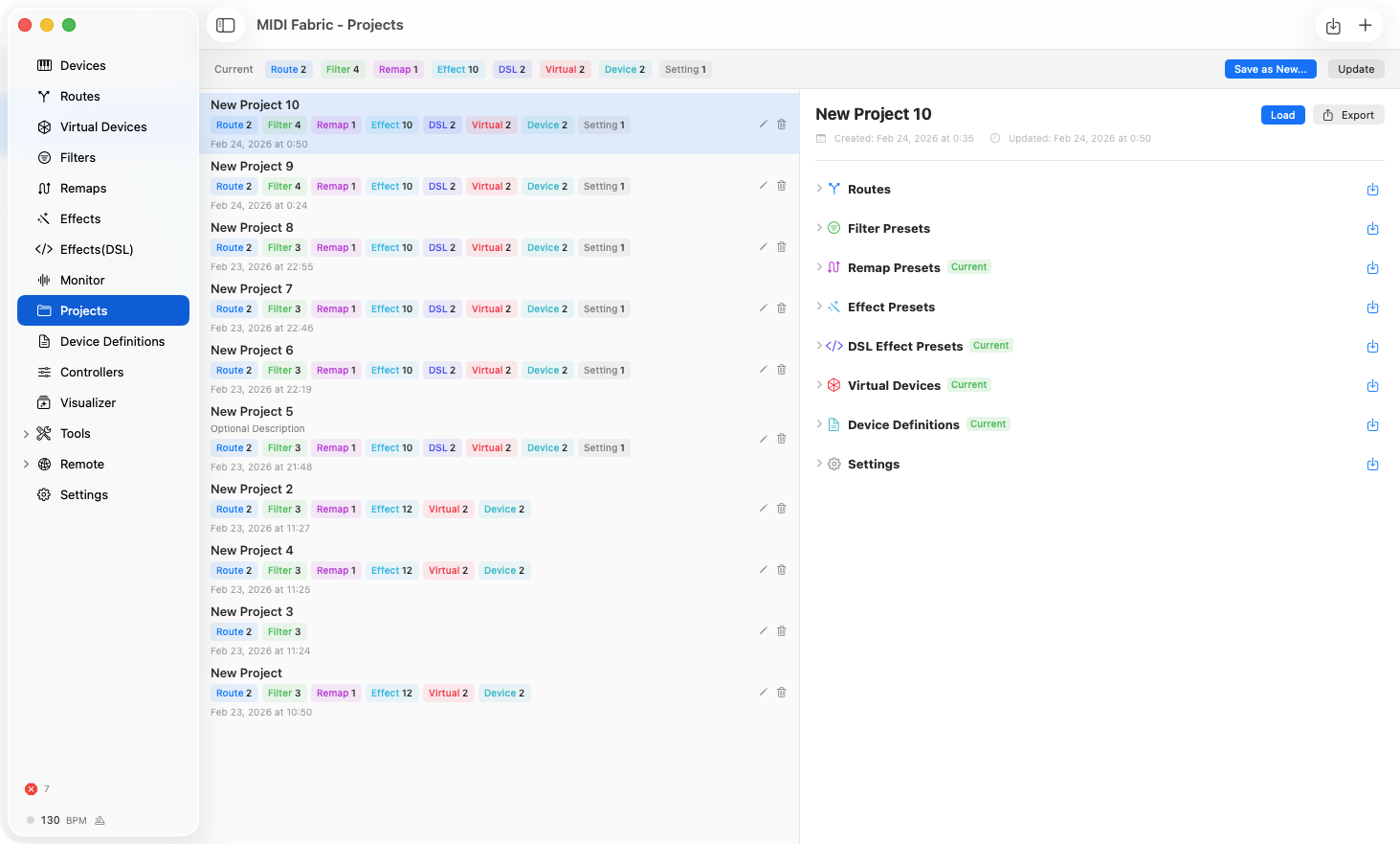 MIDI Fabric Projects view