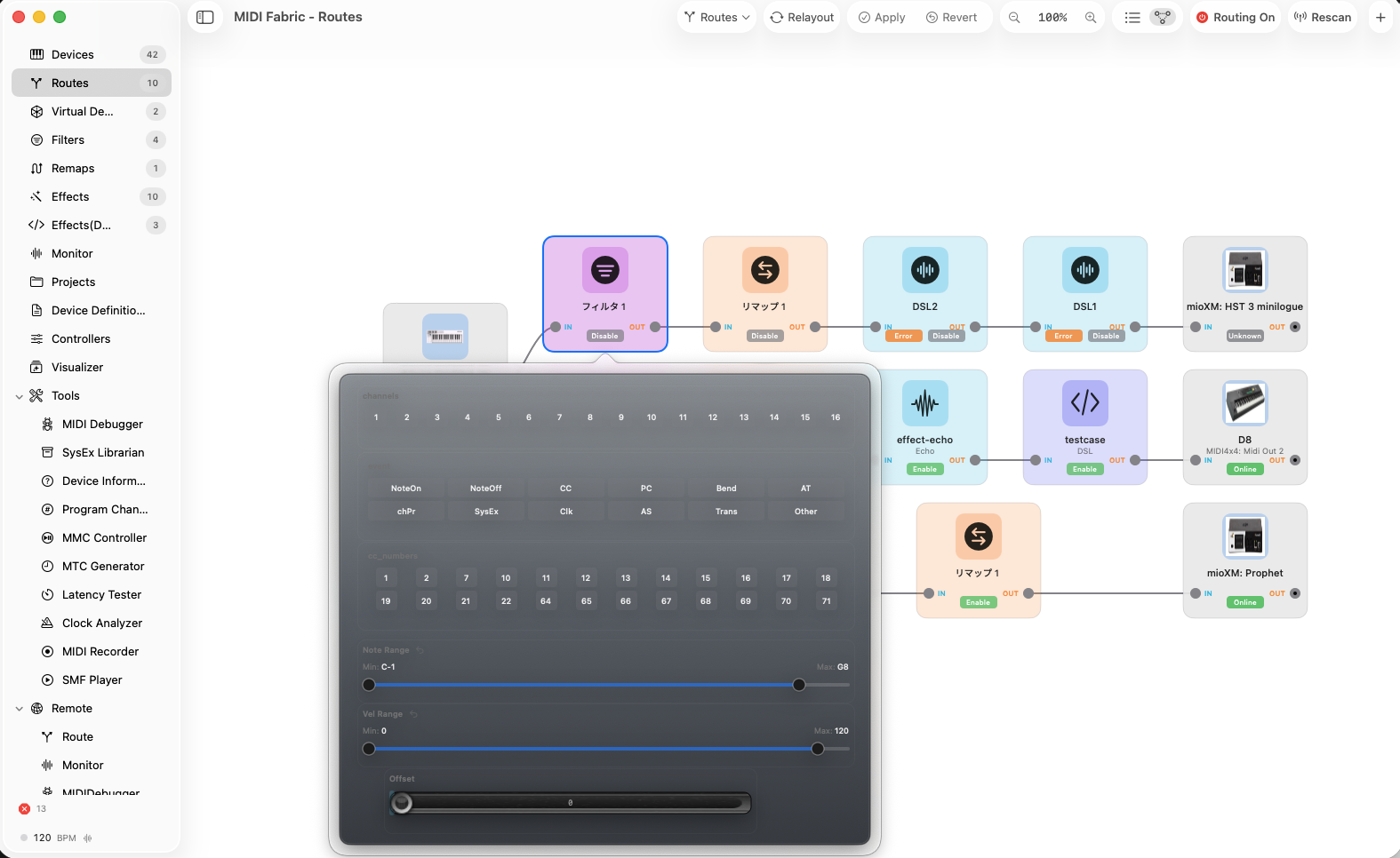 MIDI Fabric route with filter, remap, and effect presets